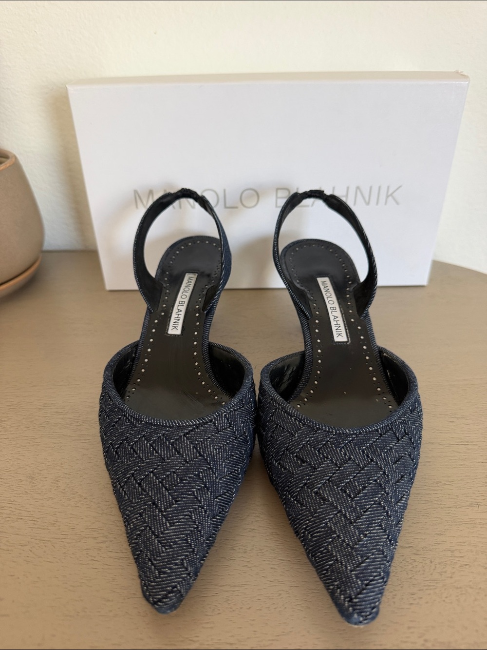 Manolo Blahnik Denim Woven Pointed Slingback Heels - Picture 7 of 8